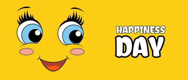  Sarı arka planda büyük mavi gözleri olan gülümseyen çizgi film yüzü, Mutluluk Günü 'nü kutlayan cesur bir metin içeriyor..