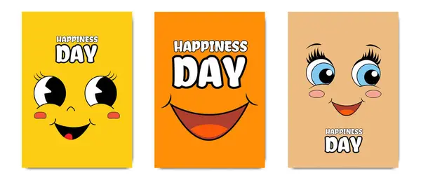 Üç renkli karikatür tarzı poster, gülen yüzler ve coşkulu arkaplanda mutluluk gününü kutlayan cesur metinler..