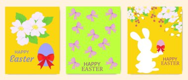  Çiçek desenli Paskalya tebrik kartları, dekoratif yaylar, pastel yumurtalar ve parlak arka planda bir tavşanın silüeti..
