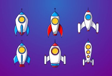 Çizgi film illüstrasyon roketi fırlatma seti izole edildi. Farklı roket-Premium Vektörü