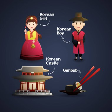 Hanbok, kale, gimbab ile Kore sembolleri geleneksel tasarım illüstrasyonunu ayarla