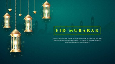 EID Mübarek illüstrasyon ve gerçekçi altın latern. Tebrik kartı, web pankartı, est için uygun