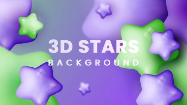 Dinamik 3D yıldızlı soyut bir arkaplan. Mor yıldızlar parıldayan yıldızların parlaklığı 3D Stars Green. modern trend pankart tasarımı Premium Vektör
