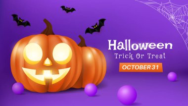 Cadılar Bayramı Terfi Posteri ya da Banner Şablonu. Şirin Balkabağı, Mum ve Yarasa Elementleri. Ürkütücü web siteleri ya da pankartlar için mükemmel. EPS 10 Biçimi.