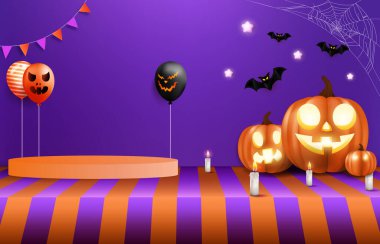 Ürkütücü Cadılar Bayramı Tanıtım Posteri Şablonu. İçinde Balkabakları ve Şirin Yarasa var. Web sitesi ya da Sancak Kullanımı için mükemmel. Vektör İllüstrasyonu, EPS 10.