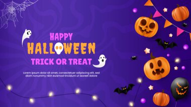 Balkabakları, örümcekler, yarasalar, bayraklar ve parıldayan bir fiesta lambasının yer aldığı neşeli bir Cadılar Bayramı arkaplanı. Parti ilanı ya da davetiye şablonu için mükemmel. EPS 10 vektör illüstrasyonu.