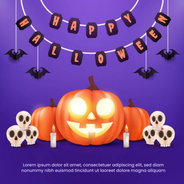 Balkabakları, yarasalar, bayraklar ve parıldayan bir fiesta lambasının yer aldığı neşeli bir Cadılar Bayramı arkaplanı. Parti ilanı ya da davetiye şablonu için mükemmel. EPS 10 vektör illüstrasyonu