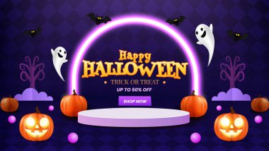 Ürkütücü Cadılar Bayramı podyumu tanıtım afişi. İçinde balkabakları, şirin hayaletler ve yarasalar var. İnternet sitesi ya da afiş için mükemmel. Vektör illüstrasyonu, EPS 10.