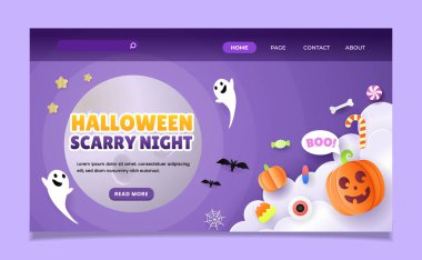 Cadılar bayramı iniş sayfası şablonu, balkabağı ve şirin yarasa desenli kağıt kesimi. ESP 10 Vektör İllüstrasyonu.