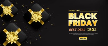 Gerçekçi hediye kutusu ve konfetiyle Kara Cuma. Kara Cuma 'nın sınırlı zaman arkaplanı. Gelecekçi Kara Cuma pankartı tasarımı.