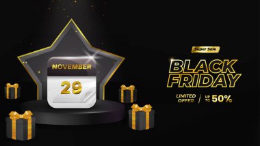 Gerçekçi 3D hediye kutusuna sahip Kara Cuma arkaplanı ve ürünlerinizi tanıtma, afiş ve sergileme için uygun podyumu gösterin