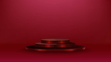 Kırmızı silindirik podyum içeren gerçekçi bir 3 boyutlu arka plan. Tasarım, ürün gösterimi veya sahne gösterimleri için mükemmel, vektör geometrik elementlerle soyut ve minimal bir sahne sunar..