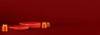 Kırmızı podyumlu 3D hediye kutuları, Noel, Yeni Yıl, Sevgililer Günü ve doğum günleri gibi bayramlar, satış ve kutlamalar için mükemmel..