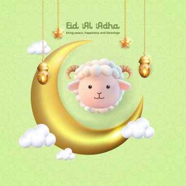Sevimli koyunların, fenerlerin, hilal ayların 3D vektörü. Kurban Bayramı, İslami Kutlama Günü ya da hayvan kurban etme konsepti. Pankart, tebrik kartı ve broşür için uygun