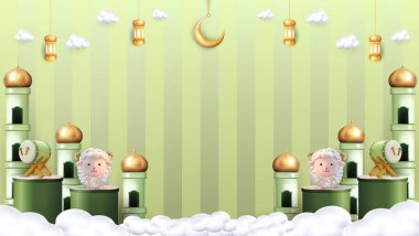 Podyum, Fener, cami, şirin koyunlar, bulut ve hediye kutusu ile Boş Kurban Bayramı Süper İndirim Konsepti. Bayram kartı, broşür, web afişi için uygun Mübarek tasarımı..