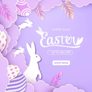 Happy Easter day concept with paper cut clouds, rabbit, eggs. Suitable for greeting card and banner. clipart