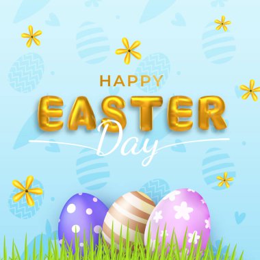 Yumurta ve çiçekli 3D karikatür tarzı Paskalya Gününüz kutlu olsun. Tebrik kartı, broşür ve afiş için uygun.