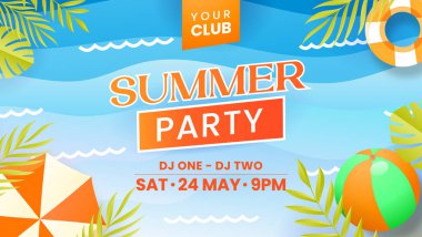 Yaz partisi konsepti, yaz yapraklı, şemsiyeli ve plaj balonlu vektör çizimi. Pankart, broşür ve tebrik kartı için uygun.