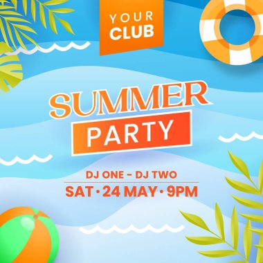 Yaz partisi konsepti, yaz yapraklı, şemsiyeli ve plaj balonlu vektör çizimi. Pankart, broşür ve tebrik kartı için uygun.