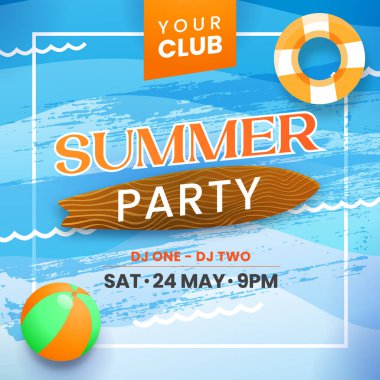 Yaz partisi konsepti, yaz yapraklı, şemsiyeli ve plaj balonlu vektör çizimi. Pankart, broşür ve tebrik kartı için uygun.