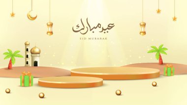 Podium Festive Eid Mubarak theme featuring a golden mosque, crescent moon, hanging lanterns, and gift boxes. A vibrant composition that encapsulates the themes of togetherness and celebration. clipart