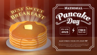 Tereyağı ve şuruplu krep yığınlarının yer aldığı parlak ve cezbedici bir grafik. Ulusal Krep Günü 'nün ayrıntılarını tarihler ve teklifler de dahil olmak üzere çekici bir geçmişe dönük estetik tasarım ile vurgular.