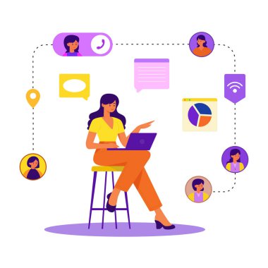 Dizüstü bilgisayar kullanan, çeşitli sanal ağlar arasında mesajlaşma ve iletişim görevlerine girişen, çevrimiçi bağlantıyı ve dijital iletişimi sembolize eden çok görevli kadın.