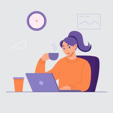 Bir kadının masa başında dizüstü bilgisayar ve kahveyle çalışmasını, modern ofis ortamında verimlilik ve rahatlık sağladığını gösteren bir resim..