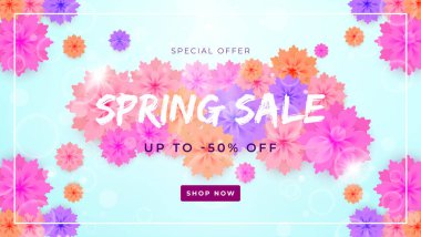 Canlı tasarım, renkli çiçeklerle çevrili bir bahar indirimi sergiliyor, kullanıcıları indirimleri ve mağazaları keşfetmeye teşvik ediyor..
