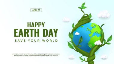 22 Nisan 'da Dünya Gününü kutluyoruz. Bu resim yeşil yapraklarla çevrili, doğayı, korumayı ve çevresel sorumluluğu sembolize eden bir küreye sahiptir. Banner İçin Uygun.