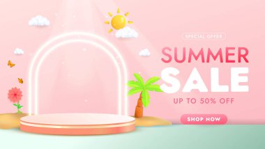 Tropikal palmiye ağaçları, renkli çiçekler ve neşeli, güneşli aksanlı aksanlar içeren tanıtım amaçlı yaz satışı tasarımı müşterileri% 50 'ye kadar indirim yapmaya davet ediyor. Canlı ve pozitif bir alışveriş deneyimi için canlı görüntüler içerir..