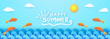 Parlak bir yaz gökyüzü altında bulutlar ve parlak bir güneş altında yüzen altın balıkların yer aldığı canlı dijital sanat eserleri. Mevsimsel selamlama ve yaz tasarımları için mükemmel..