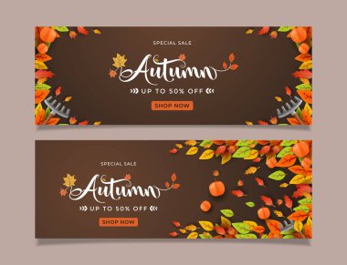 Sonbahar temalı bayrak tasarımı canlı yapraklar, balkabakları ve indirimleri teşvik eden şık bir tipografi..