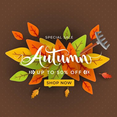 Dinamik sonbahar temalı tanıtım afişi renkli yapraklar, özel bir satış mesajı ve indirim teklifi. Promosyon pazarlama, mevsimlik reklamlar ve sonbahar etkinliği duyuruları için ideal..