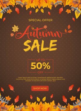 Mevsimlik renkler, şenlikli yapraklar ve göz alıcı metinlerin yer aldığı sonbahar özel teklifi için poster parlak tanıtım afişi. Mevsimlik indirimler, satış promosyonları veya diğer sonbahar pazarlama amaçları için mükemmel..