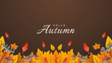 Parlak sonbahar yaprakları ve bahçe aletlerinin yer aldığı bir illüstrasyon. Kahverengi arka planda Hello Autumn, sonbahar hasat sezonunun özünü yakalıyor..