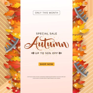 Sonbahar yaprakları ve dekorasyonlarının yer aldığı mevsimsel tanıtım tasarımı, indirimli özel sonbahar satışını vurguluyor. Sonbahar sezonu boyunca pazarlama kampanyaları için mükemmel..