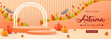 Canlı sonbahar yaprakları ve balkabaklarının yer aldığı sezonluk satış afişi indirimli bir mesajla birlikte cazip bir turuncu gradyan fon üzerine kurulmuş keyifli bir sonbahar temalı promosyon sergiliyor..