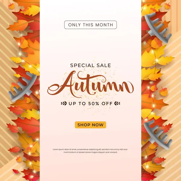 Sonbahar yaprakları ve dekorasyonlarının yer aldığı mevsimsel tanıtım tasarımı, indirimli özel sonbahar satışını vurguluyor. Sonbahar sezonu boyunca pazarlama kampanyaları için mükemmel..