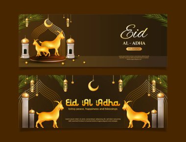 Özel günün neşeli ve ruhani atmosferini temsil eden parlak ve şenlikli Kurban Bayramı tasarımı Set Banner 'ı altın elementler, bir cami, sembolik keçi, hilal ay ve dekoratif fenerler sunar..