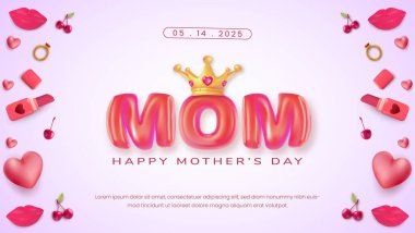 Canlı Anneler Günü tasarımı kalp, kiraz ve sevgi ve minnettarlığı simgeleyen bir taç gibi dekoratif unsurlar içeriyor. Şenlikli promosyonlar ve anneler için takdir teması için mükemmel..