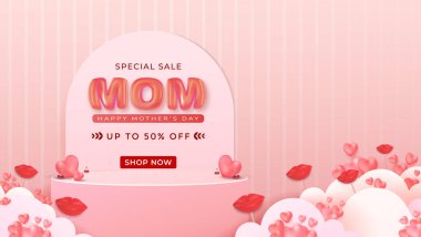 Pembe temalı arka plan, kalp ve öpücük sembolleri, canlı metin ve grafiklerle tatil indirimlerini destekleyen Anneler Günü reklamları.