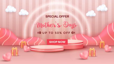 Kutlamalı Anneler Günü pankartı pembe tonlar, hediye kutuları, kalpler, bulutlar ve promosyonlar için cazip bir şekilde hazırlanmış promosyon mesajı sergiliyor..