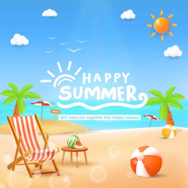 Sandalyesi, palmiye ağaçları, renkli süslemeleri ve neşeli ve canlı bir ortamda gün ışığı olan neşeli bir yaz plajının parlak bir çizimi..