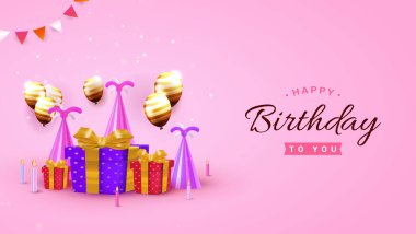 Renkli doğum günü kutlaması sahnesinde hediyeler, şapkalar, şenlikli balonlar ve pembe bir arka plan karşısında neşeli ve kutlama atmosferi yaratan neşeli bir düzenleme..