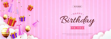 Balonlar, hediyeler ve neşeli dekorasyonlarla dolu parlak ve şenlikli bir doğum günü kutlaması. Etkinlikler ve davetiyeler için mükemmel..