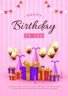 Renkli balonların, fiyonklu hediye kutularının ve dekoratif bir arka planın olduğu canlı bir doğum günü kutlaması resmi. Tebrik kartları, davetiyeler ya da şenlik terfisi için mükemmel..