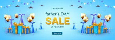 Hediyeler, şenlik balonları, afişler ve neşeli mavi bir arka planda hazırlanan kutlama dekorunun yer aldığı bir Babalar Günü tanıtım afişi.