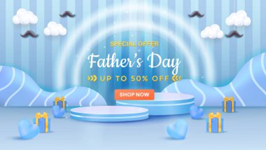 Babalar Günü 'nü bu tanıtım reklamıyla kutlayın. Özel bir satış etkinliği, hediye unsurları, temalı dekorasyonlar ve şenlikli mavi temalı bir ortamda neşeli bir atmosfer sunulacak..