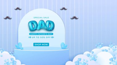 Mavi bir arka plan, dekoratif balonlar ve indirimleri ve kutlamaları vurgulayan şenlikli bir tema içeren tanıtım babalar günü afişi..